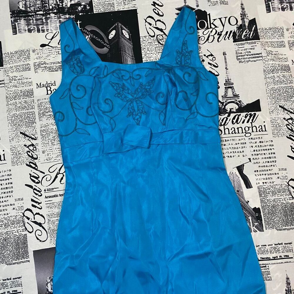 Meinerti Women's Blue prom dress vintage 70s maxi floor length formal bow slit